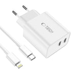 Tech-Protect C35W sieninis įkroviklis 2x USB-C PD 35W su USB-C / Lightning laidu - baltas -- Cell phone chargers