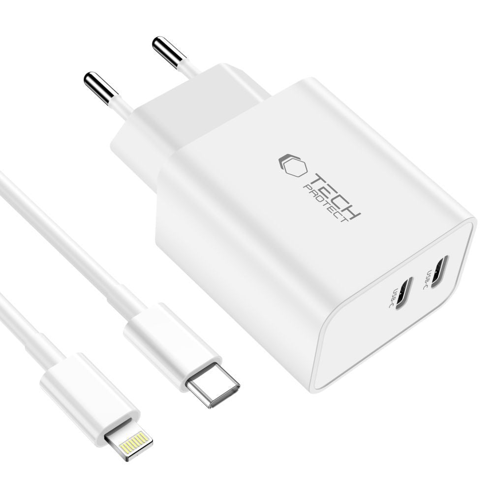 Tech-Protect C35W sieninis įkroviklis 2x USB-C PD 35W su USB-C / Lightning laidu - baltas -- Cell phone chargers