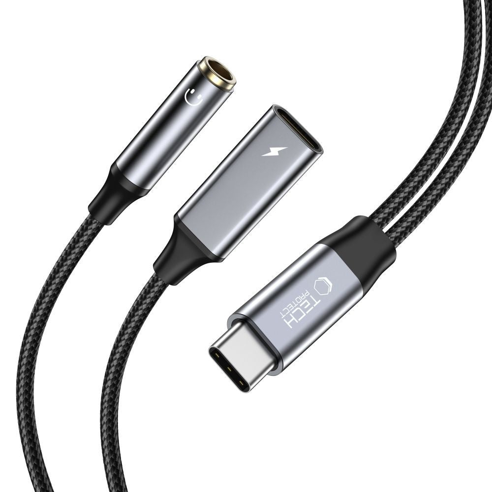 Tech-Protect UltraBoost USB-C (male) PD 60W 6A / mini jack 3.5mm (female) - USB-C (female) - juodas -- Cell phone cables