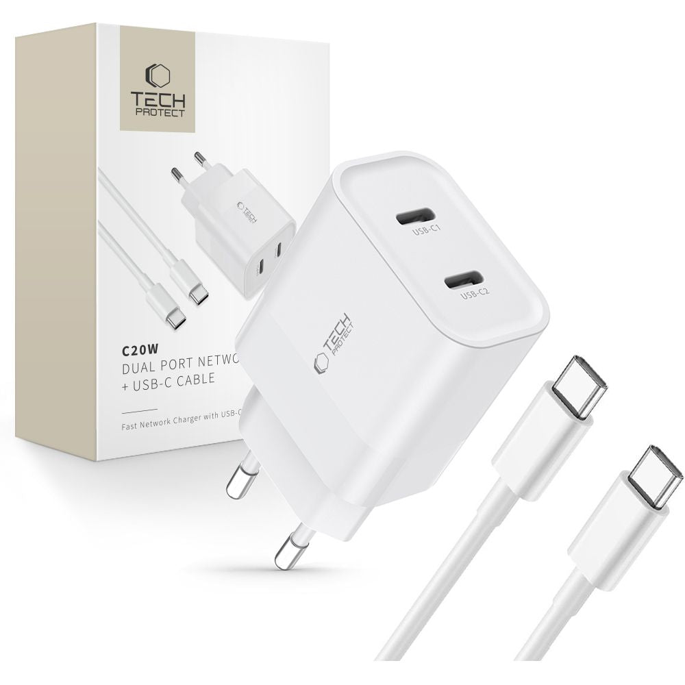 Tech-Protect C20W įkroviklis 2x USB-C PD 20W su USB-C / USB-C laidu - baltas -- Cell phone chargers