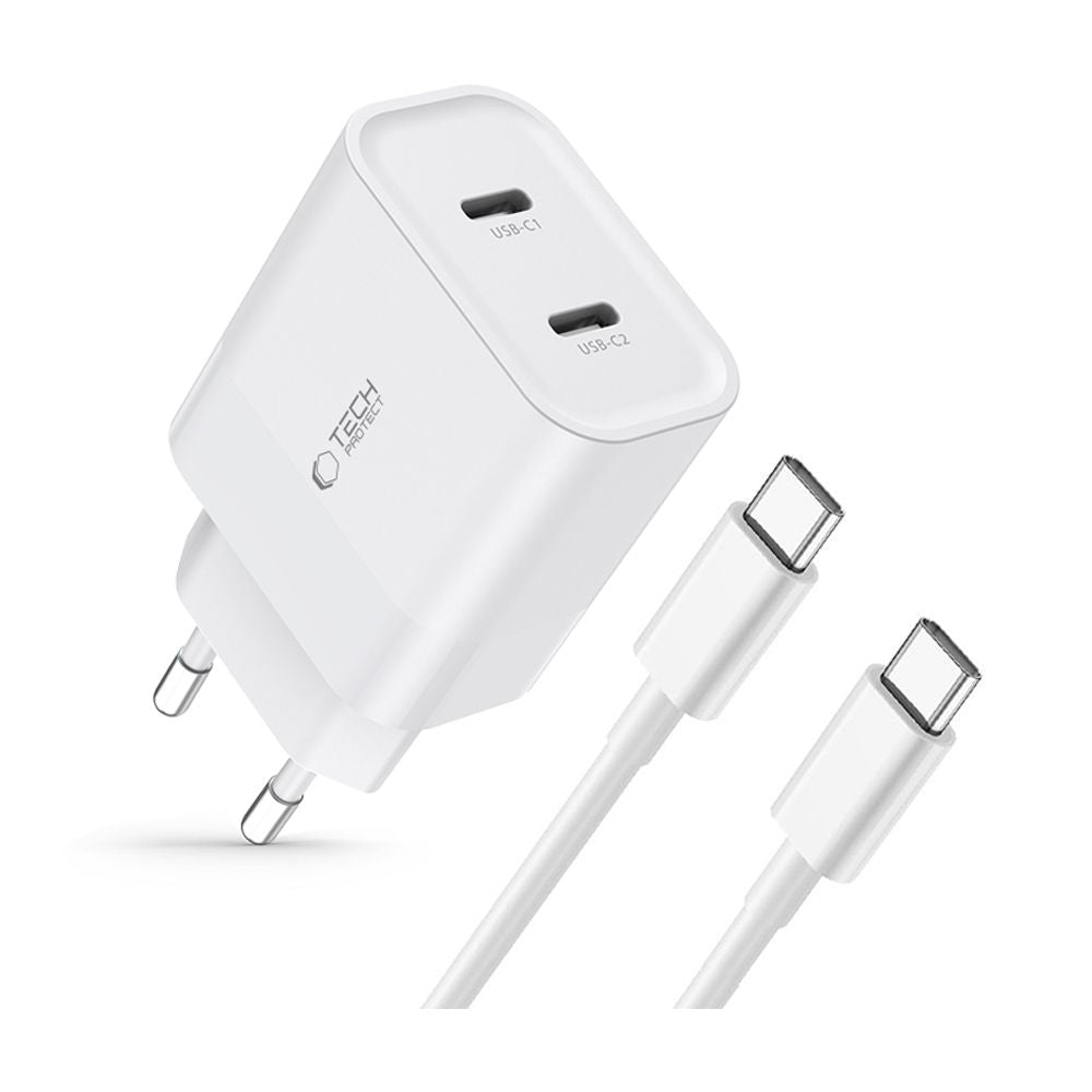 Tech-Protect C20W įkroviklis 2x USB-C PD 20W su USB-C / USB-C laidu - baltas -- Cell phone chargers