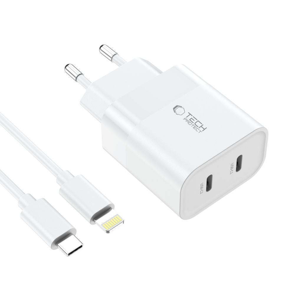 Tech-Protect C20W įkroviklis 2x USB-C PD 20W su USB-C / USB-C laidu - baltas -- Cell phone chargers