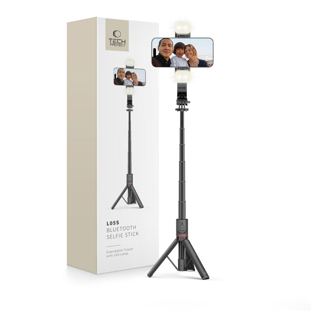 Tech-Protect L05S Bluetooth asmenukių lazda su trikoju iki 105cm su LED šviestuvu - juoda -- Selfie Sticks & Tripods