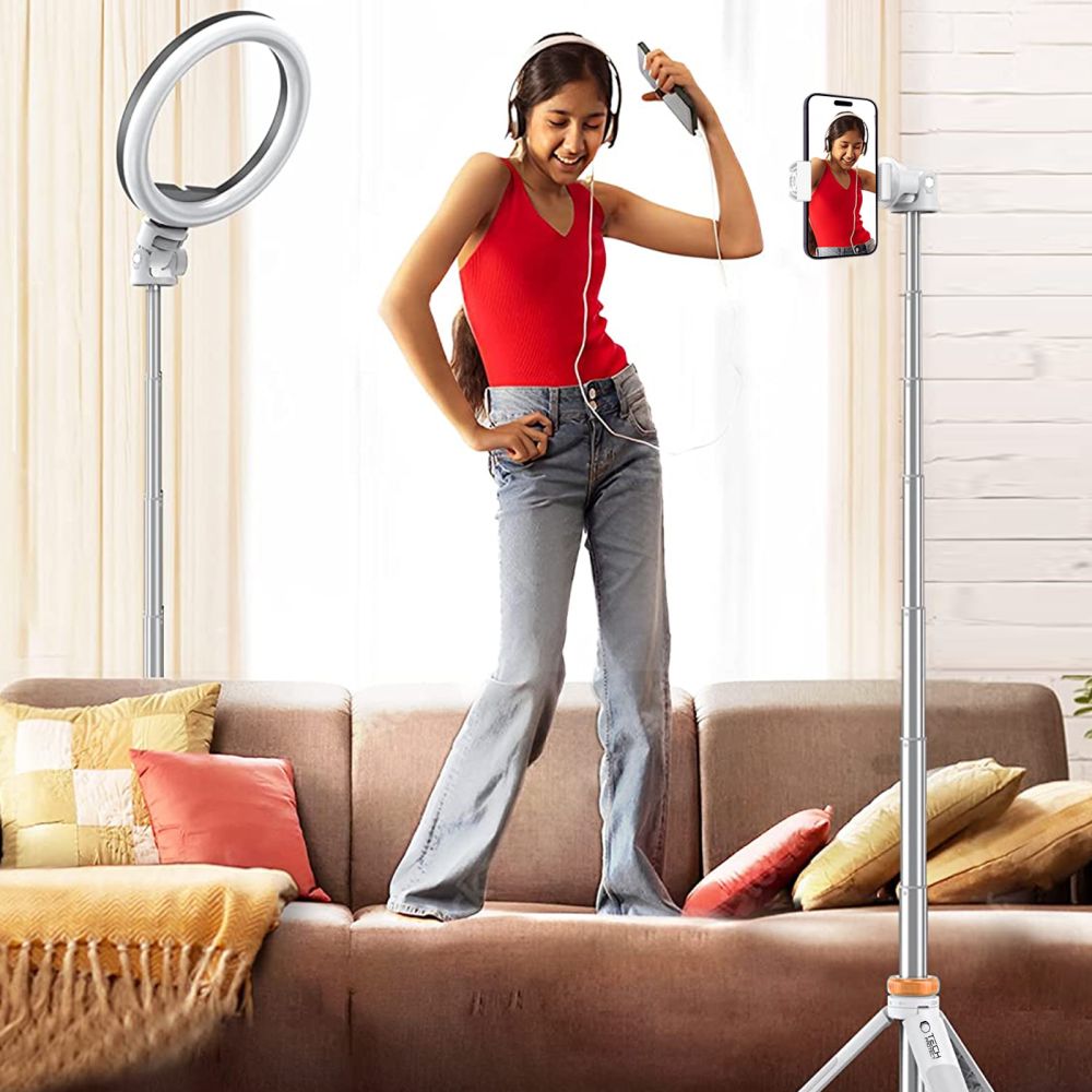 Tech-Protect L03S Bluetooth asmenukių lazda su nuotolinio valdymo pulteliu, trikoju iki 148cm ir 180° galvute - balta --...