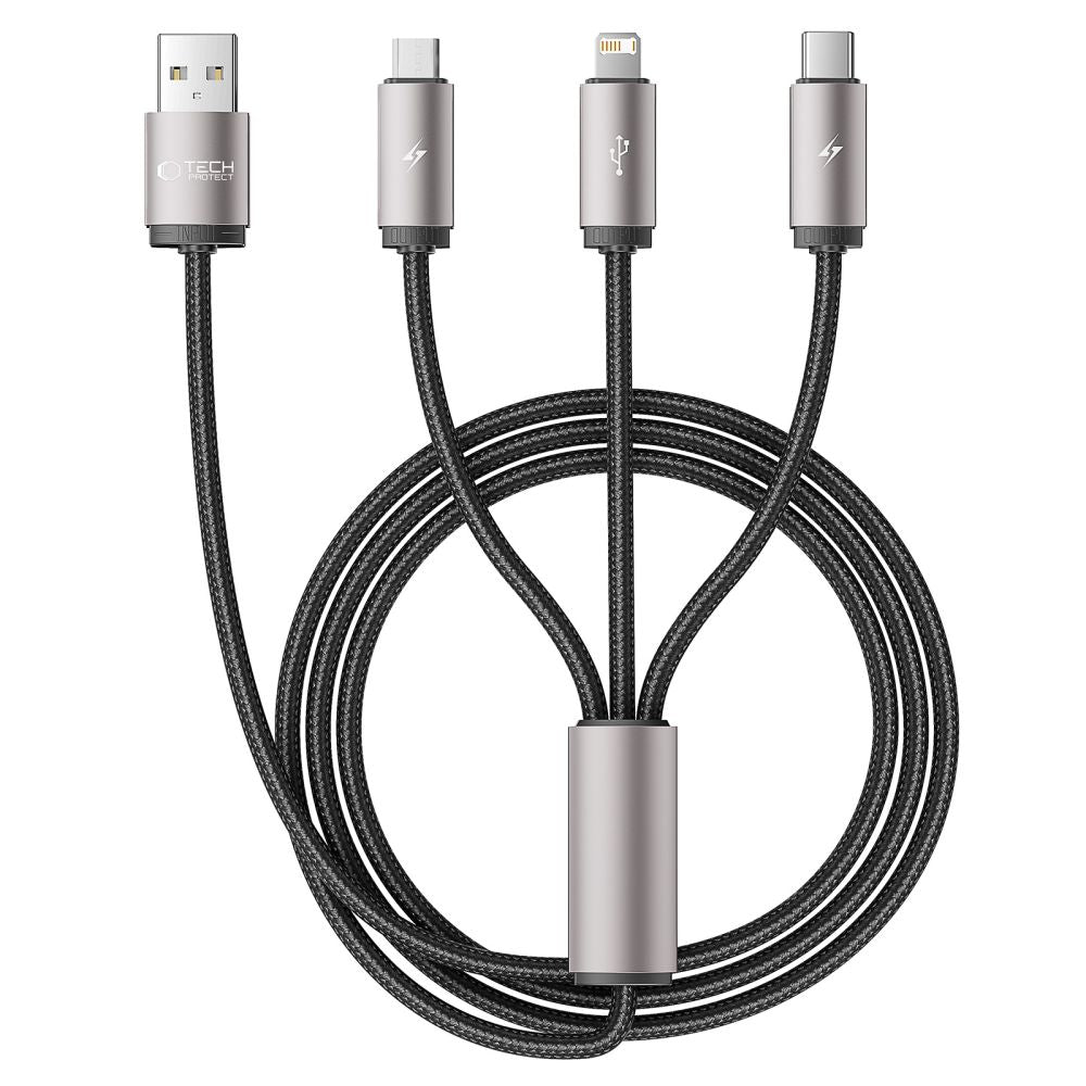 Tech-Protect UltraBoost 3in1 USB-A - Lightning / USB-C / micro USB 3.5A laidas 1m - pilkas -- Cell phone cables