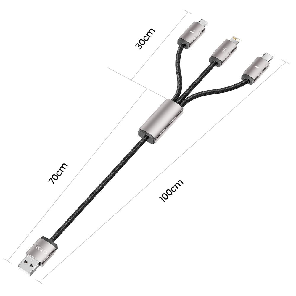 Tech-Protect UltraBoost 3in1 USB-A - Lightning / USB-C / micro USB 3.5A laidas 1m - pilkas -- Cell phone cables