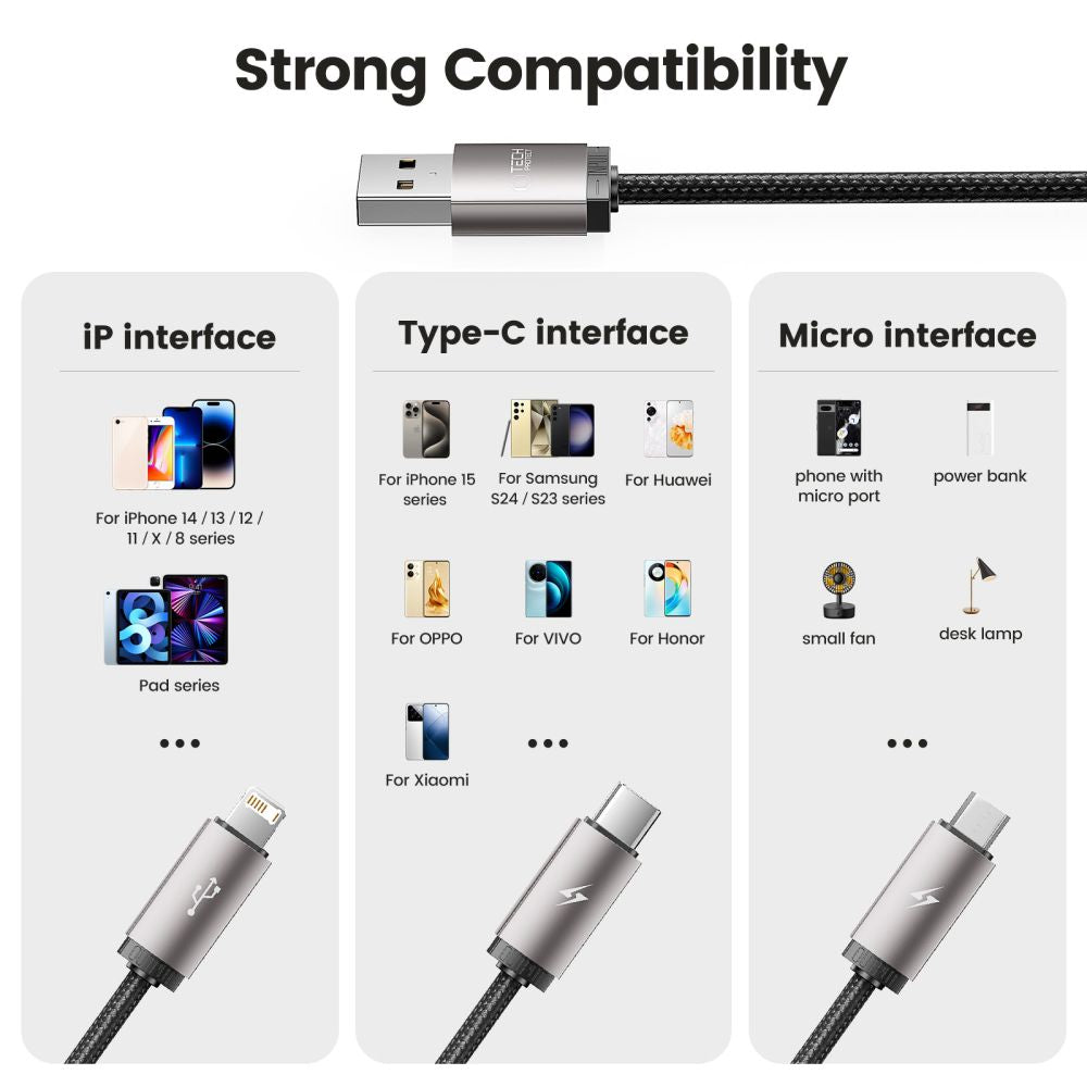 Tech-Protect UltraBoost 3in1 USB-A - Lightning / USB-C / micro USB 3.5A laidas 1m - pilkas -- Cell phone cables