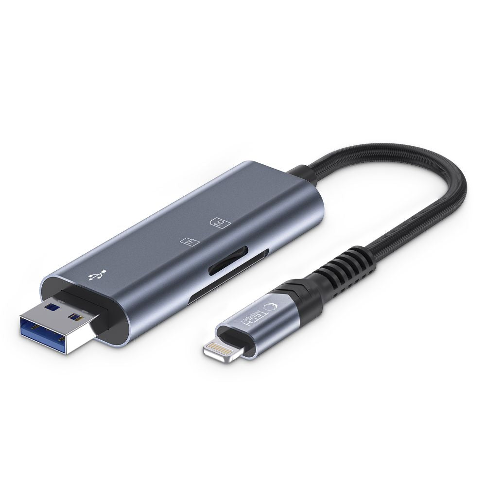 Tech-Protect UltraBoost SD/micro SD kortelės skaitytuvas su Lightning/USB-A jungimis - pilka -- Memory Card Readers