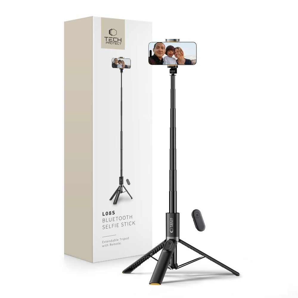 Tech-Protect L08S Bluetooth asmenukių lazda su nuotolinio valdymo pultu, trikoju iki 141 cm - Juoda -- Selfie Sticks &...