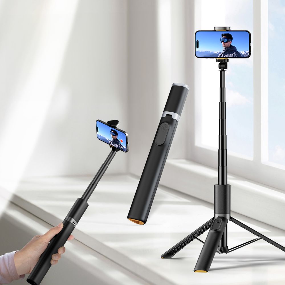 Tech-Protect L08S Bluetooth asmenukių lazda su nuotolinio valdymo pultu, trikoju iki 141 cm - Juoda -- Selfie Sticks &...