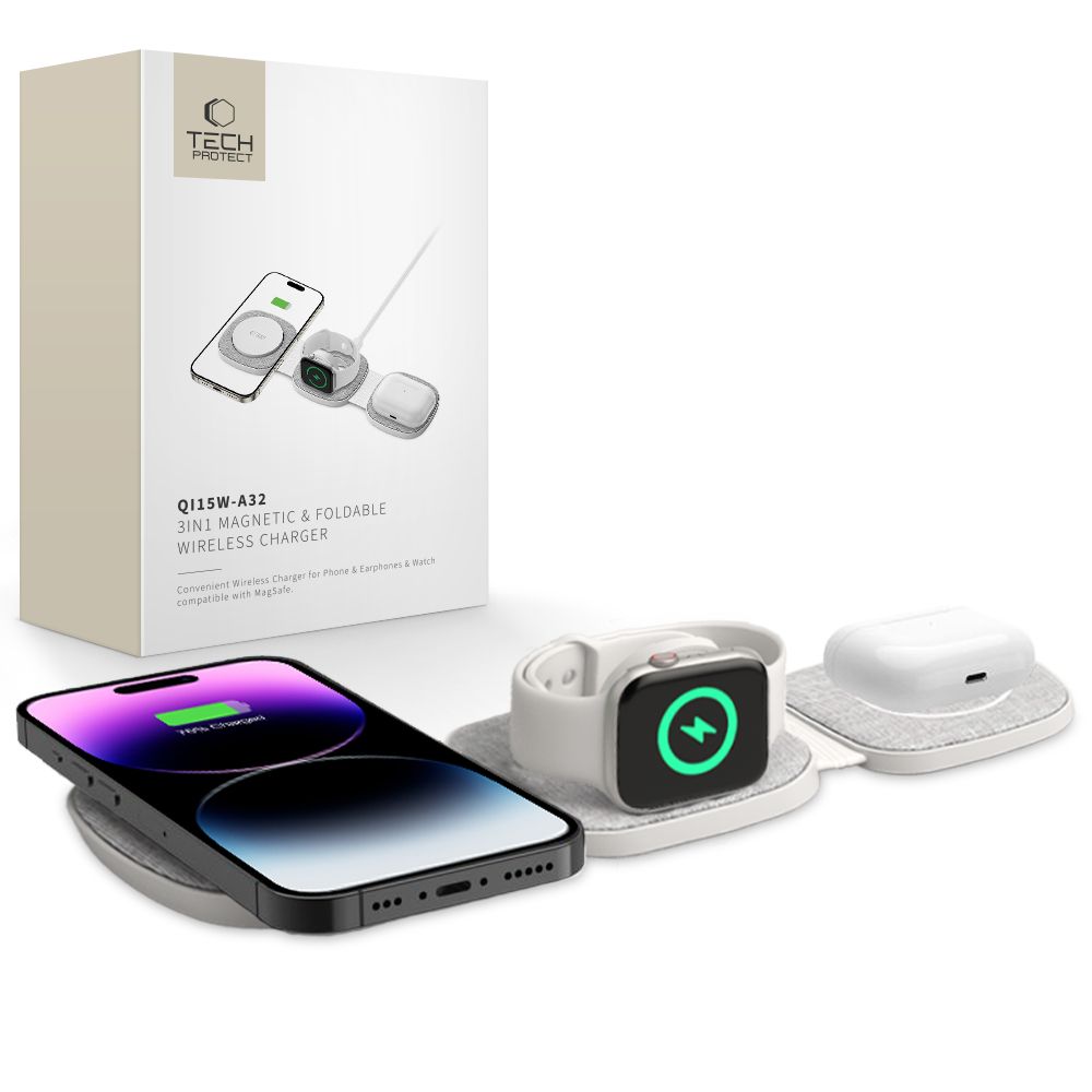 Tech-Protect QI15W-A32 3-in-1 indukcinis įkroviklis su MagSafe išmaniajam telefonui / Apple Watch / AirPods - pilkas --...