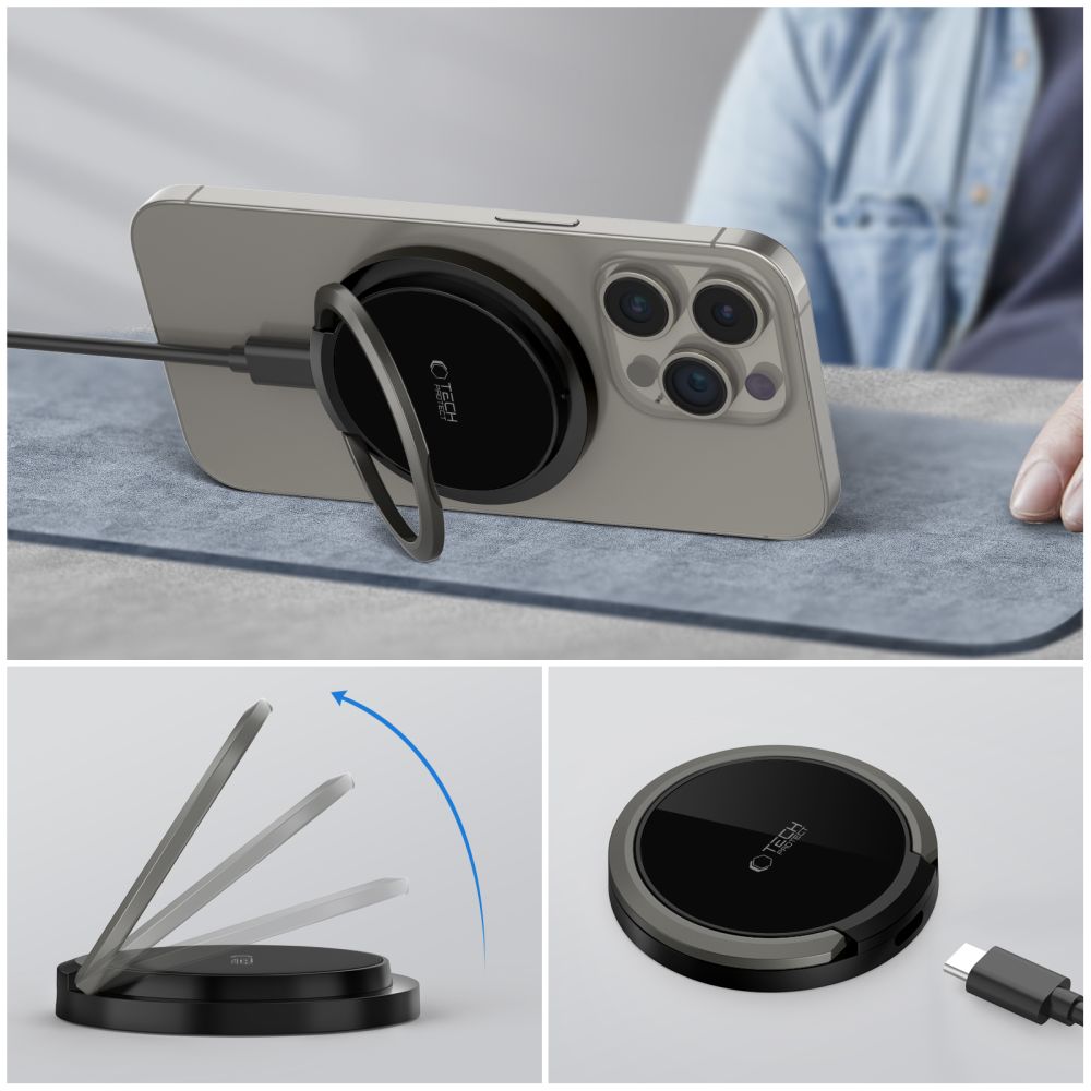 Tech-Protect QI15W-A33 indukcinis įkroviklis su MagSafe ir stovu su USB-A / USB-C laidu - juodas -- Cell phone chargers