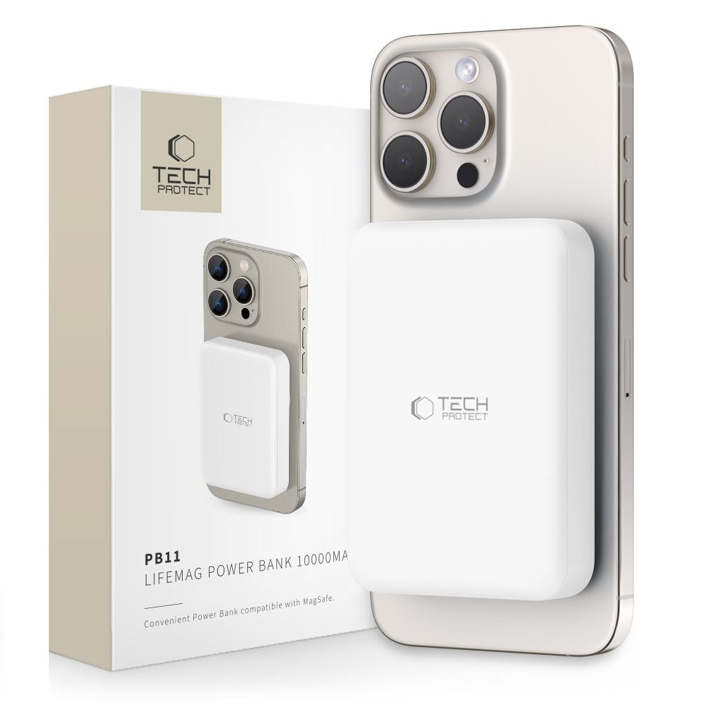 Tech-Protect LifeMag PB11 Išorinė baterija su MagSafe 10000mAh 15W USB-C jungtis - baltas + USB-C laidas -- Powerbanks