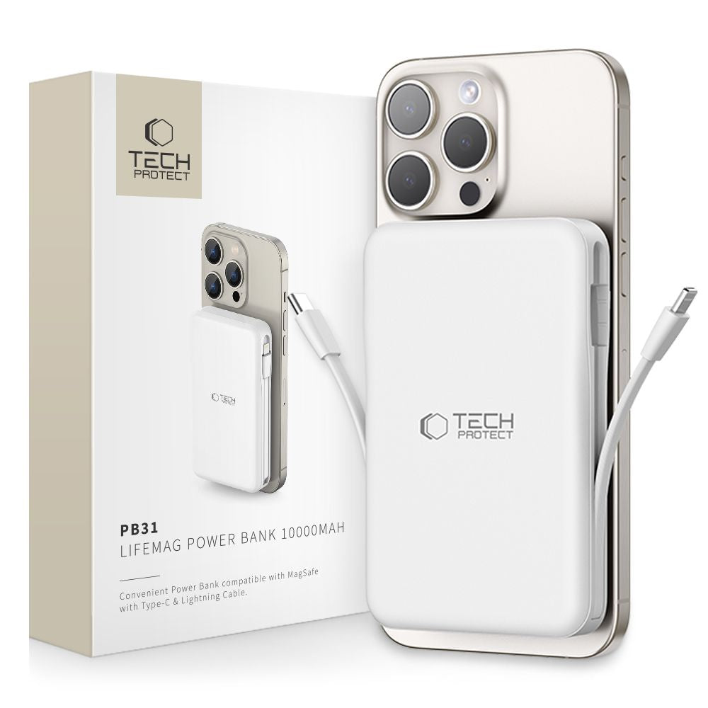 Tech-Protect LifeMag PB31 Išorinė baterija su MagSafe 10000mAh 15W USB-C / USB-A / integruoti USB-C / Lightning laidai -...