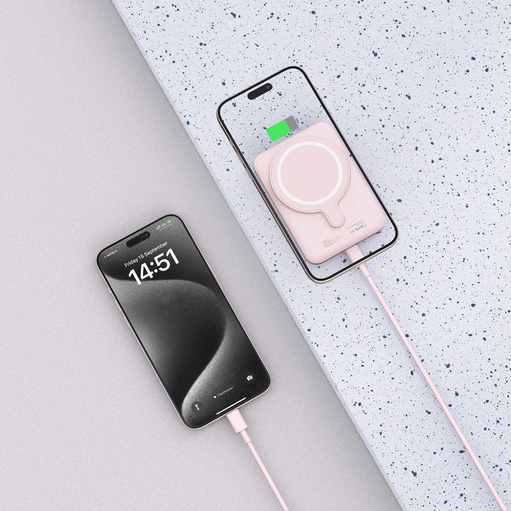 Tech-Protect LifeMag PB10 Išorinė baterija su MagSafe 5000mAh 15W USB-C jungtis - rožinis + USB-C laidas -- Powerbanks