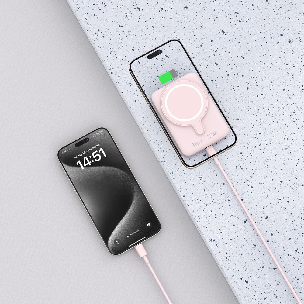 Tech-Protect LifeMag PB11 Išorinė baterija su MagSafe 10000mAh 15W USB-C jungtis - rožinis + USB-C laidas -- Powerbanks
