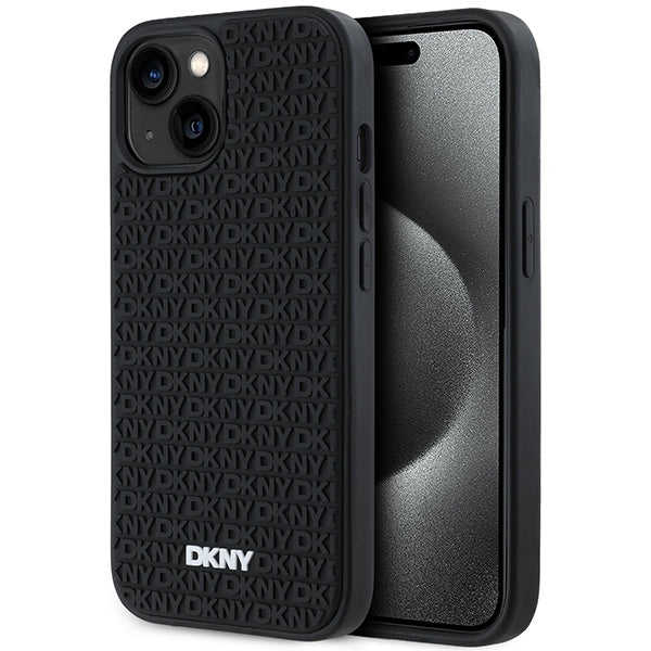 DKNY 3D Rubber Repeat Pattern dėklas iPhone 15 Plus – juodas