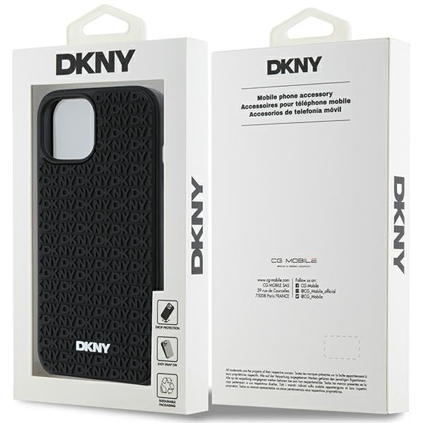 DKNY 3D Rubber Repeat Pattern dėklas iPhone 15 Plus – juodas
