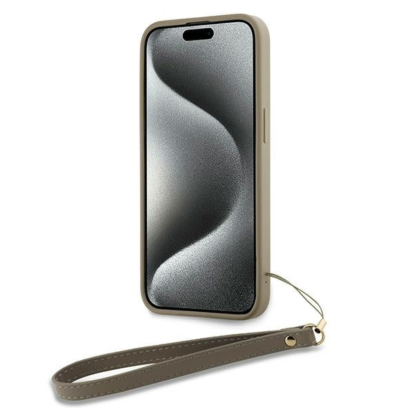 DKNY dėklas iPhone 15 Plus – smėlio, su dirželiu