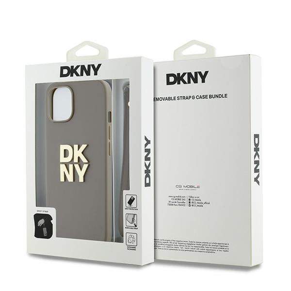 DKNY dėklas iPhone 15 Plus – smėlio, su dirželiu