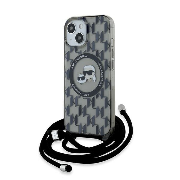 Karl Lagerfeld MagSafe dėklas iPhone 15/14/13 – juodas, su dirželiu