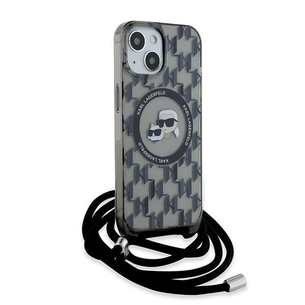 Karl Lagerfeld MagSafe dėklas iPhone 15/14/13 – juodas, su dirželiu