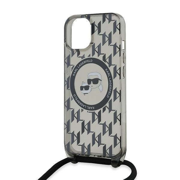 Karl Lagerfeld MagSafe dėklas iPhone 15/14/13 – juodas, su dirželiu
