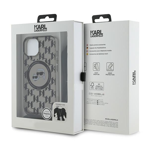 Karl Lagerfeld MagSafe dėklas iPhone 15/14/13 – juodas, su dirželiu