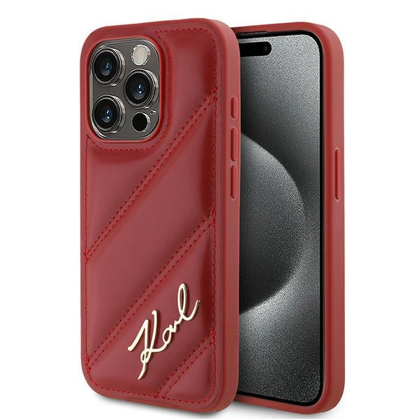 Karl Lagerfeld Diagonal Quilted Script dėklas iPhone 15 Pro Max – raudonas