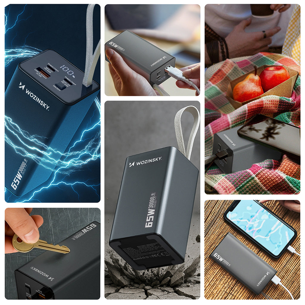Wozinsky Išorinė baterija K65+ 65W 30000mAh 2x USB-C, 1x USB-A 65W - pilkas -- Powerbanks