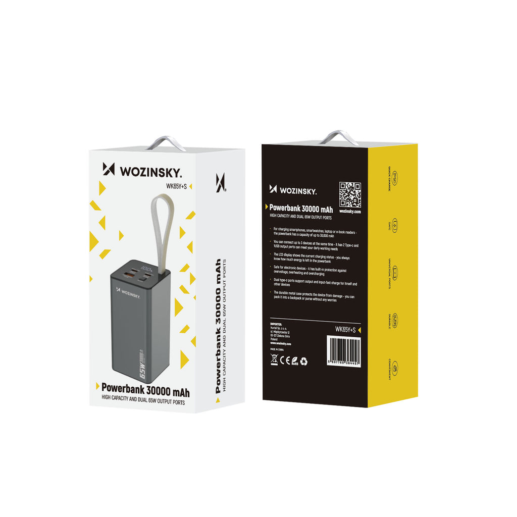 Wozinsky Išorinė baterija K65+ 65W 30000mAh 2x USB-C, 1x USB-A 65W - pilkas -- Powerbanks