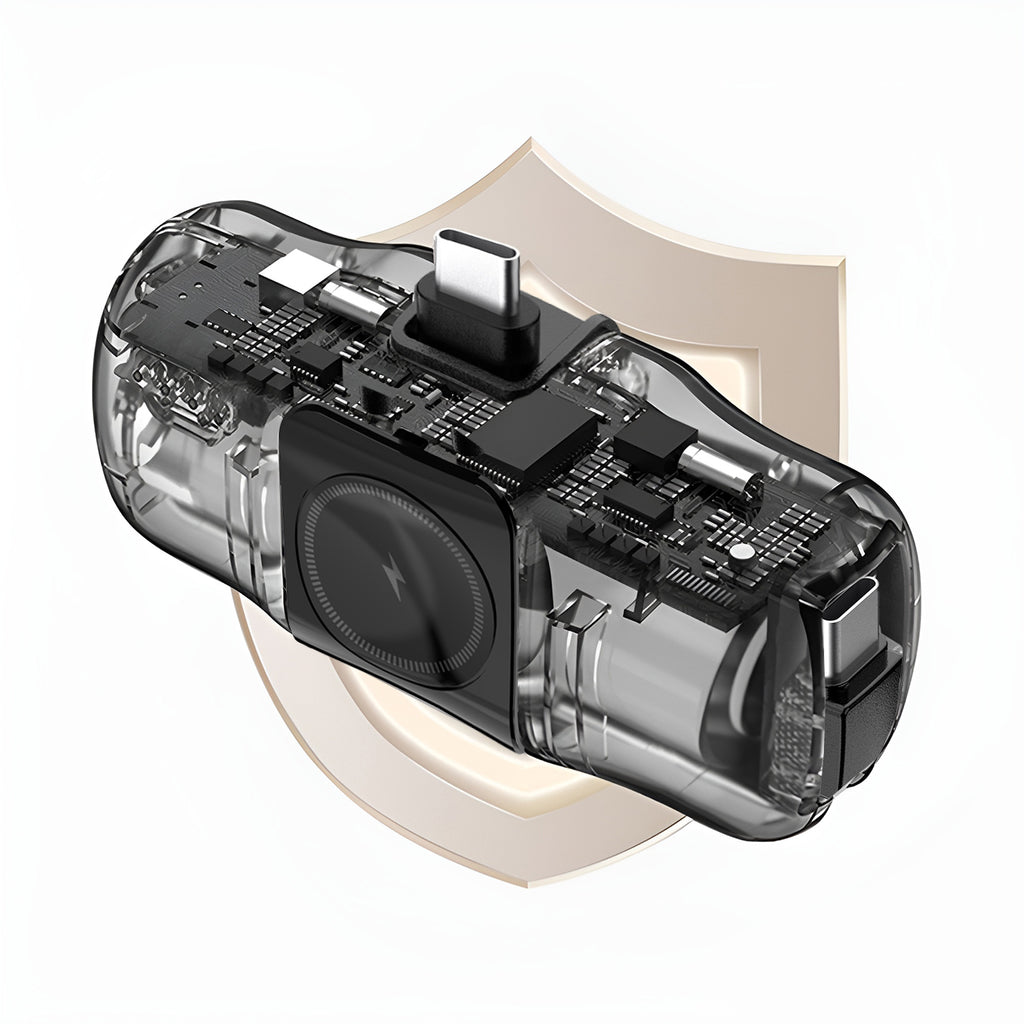Wozinsky WF16-YCS 5000mAh 15W USB-C Mini Išorinė baterija su integruotu USB-C laidu ir Apple Watch įkrovikliu - juodas