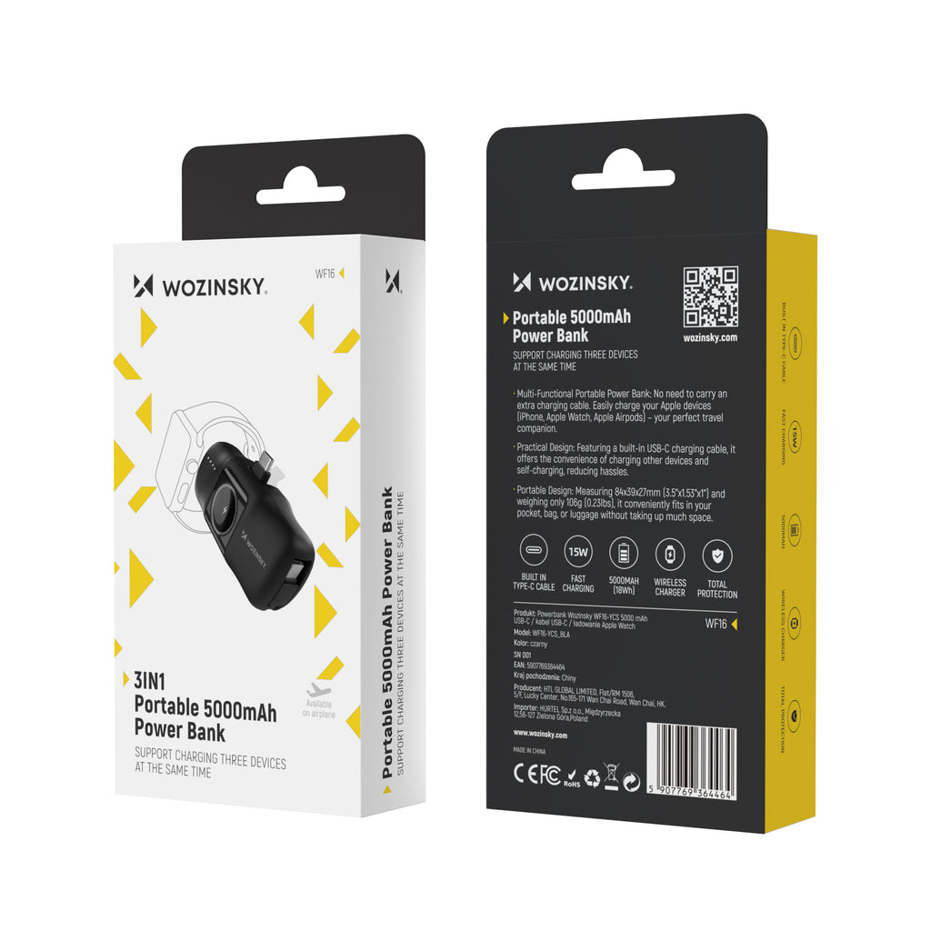 Wozinsky WF16-YCS 5000mAh 15W USB-C Mini Išorinė baterija su integruotu USB-C laidu ir Apple Watch įkrovikliu - juodas