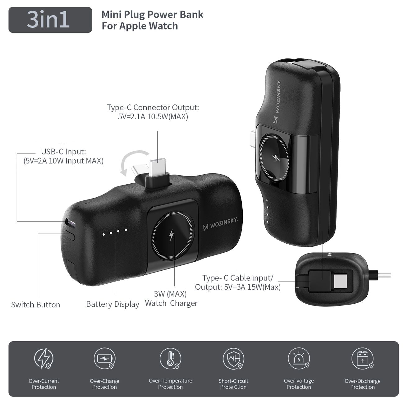 Wozinsky WF16-YCS 5000mAh 15W USB-C Mini Išorinė baterija su integruotu USB-C laidu ir Apple Watch įkrovikliu - juodas