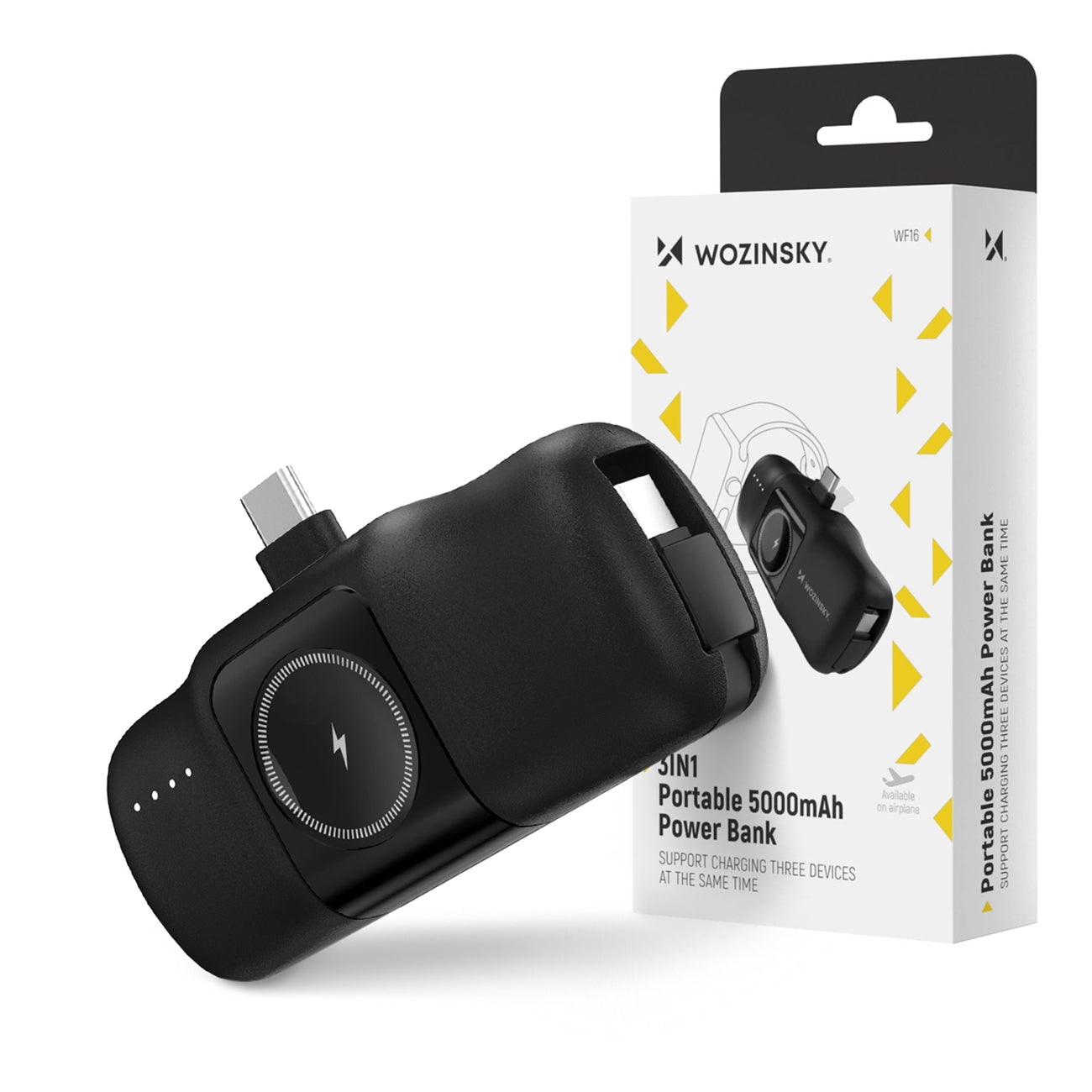 Wozinsky WF16-YCS 5000mAh 15W USB-C Mini Išorinė baterija su integruotu USB-C laidu ir Apple Watch įkrovikliu - juodas