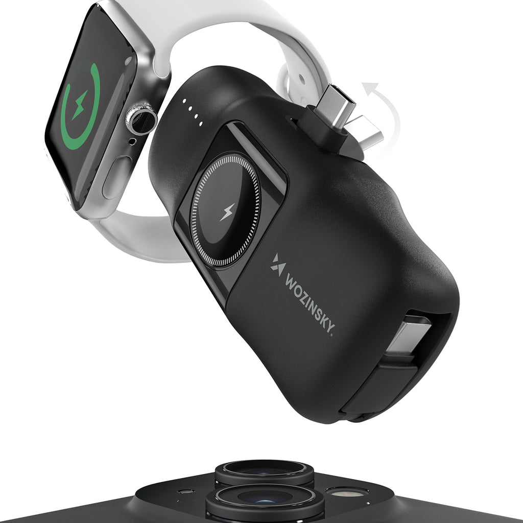 Wozinsky WF16-YCS 5000mAh 15W USB-C Mini Išorinė baterija su integruotu USB-C laidu ir Apple Watch įkrovikliu - juodas