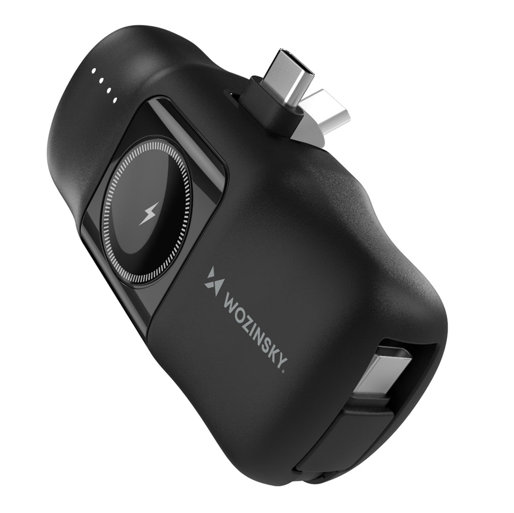 Wozinsky WF16-YCS 5000mAh 15W USB-C Mini Išorinė baterija su integruotu USB-C laidu ir Apple Watch įkrovikliu - juodas