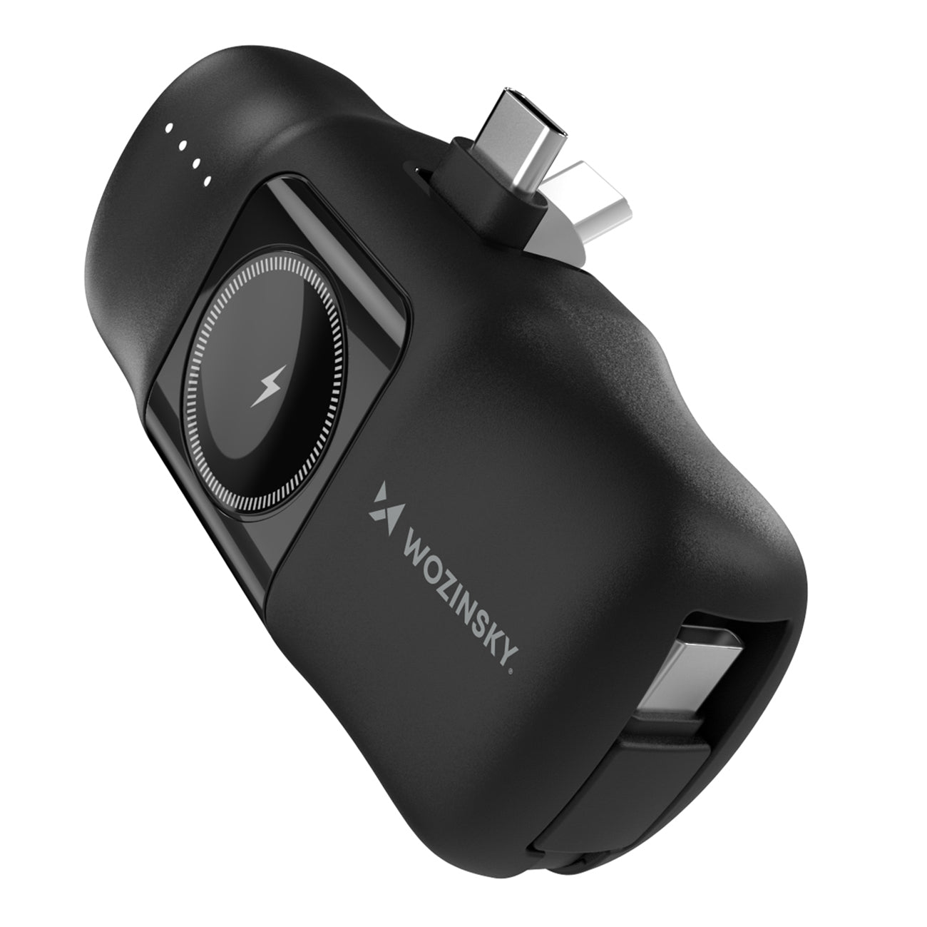 Wozinsky WF16-YCS 5000mAh 15W USB-C Mini Išorinė baterija su integruotu USB-C laidu ir Apple Watch įkrovikliu - juodas