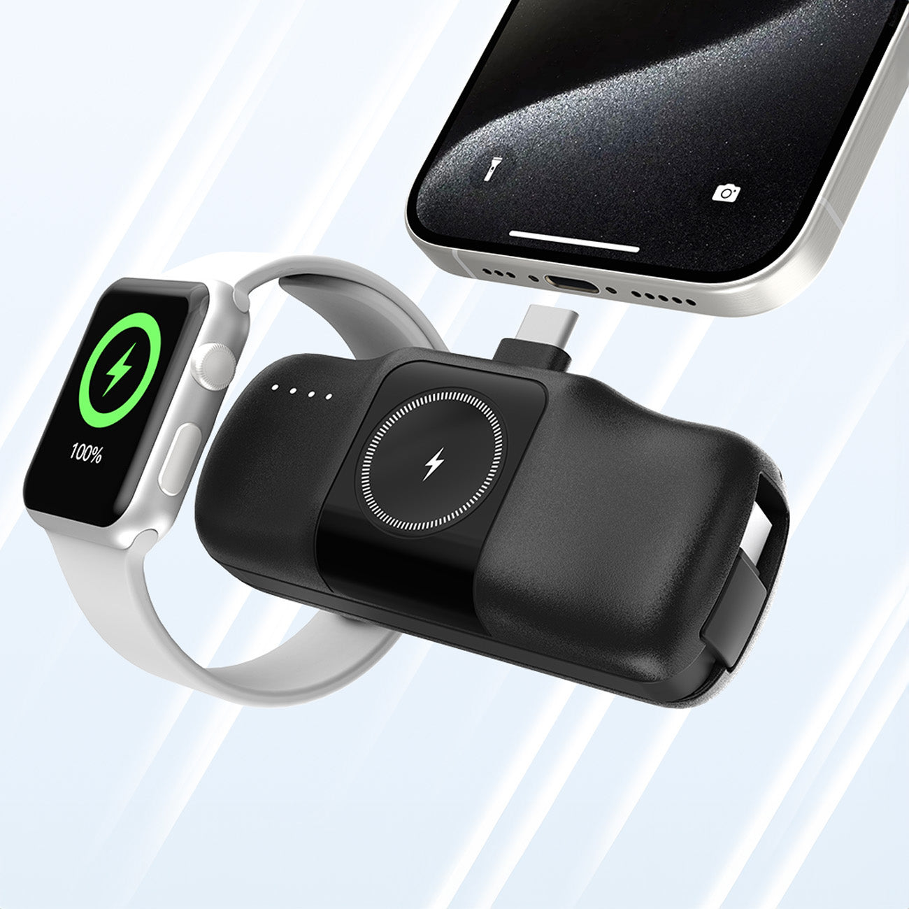 Wozinsky WF16-YCS 5000mAh 15W USB-C Mini Išorinė baterija su integruotu USB-C laidu ir Apple Watch įkrovikliu - juodas