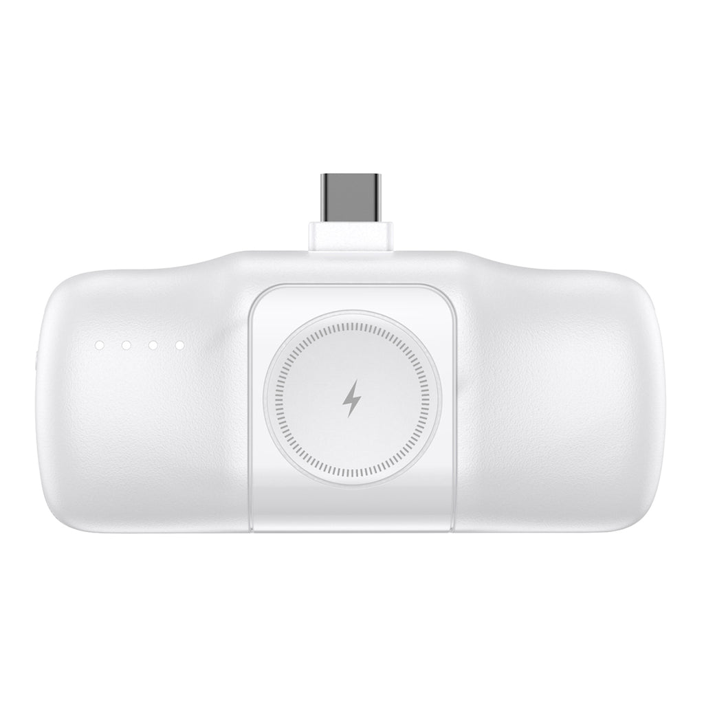 Wozinsky WF16-YCS 5000mAh 15W USB-C Mini Išorinė baterija su integruotu USB-C laidu ir Apple Watch įkrovikliu - baltas