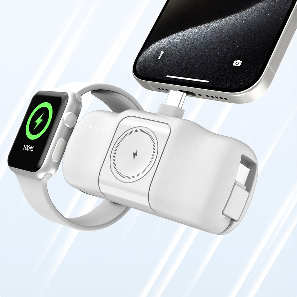 Wozinsky WF16-YCS 5000mAh 15W USB-C Mini Išorinė baterija su integruotu USB-C laidu ir Apple Watch įkrovikliu - baltas