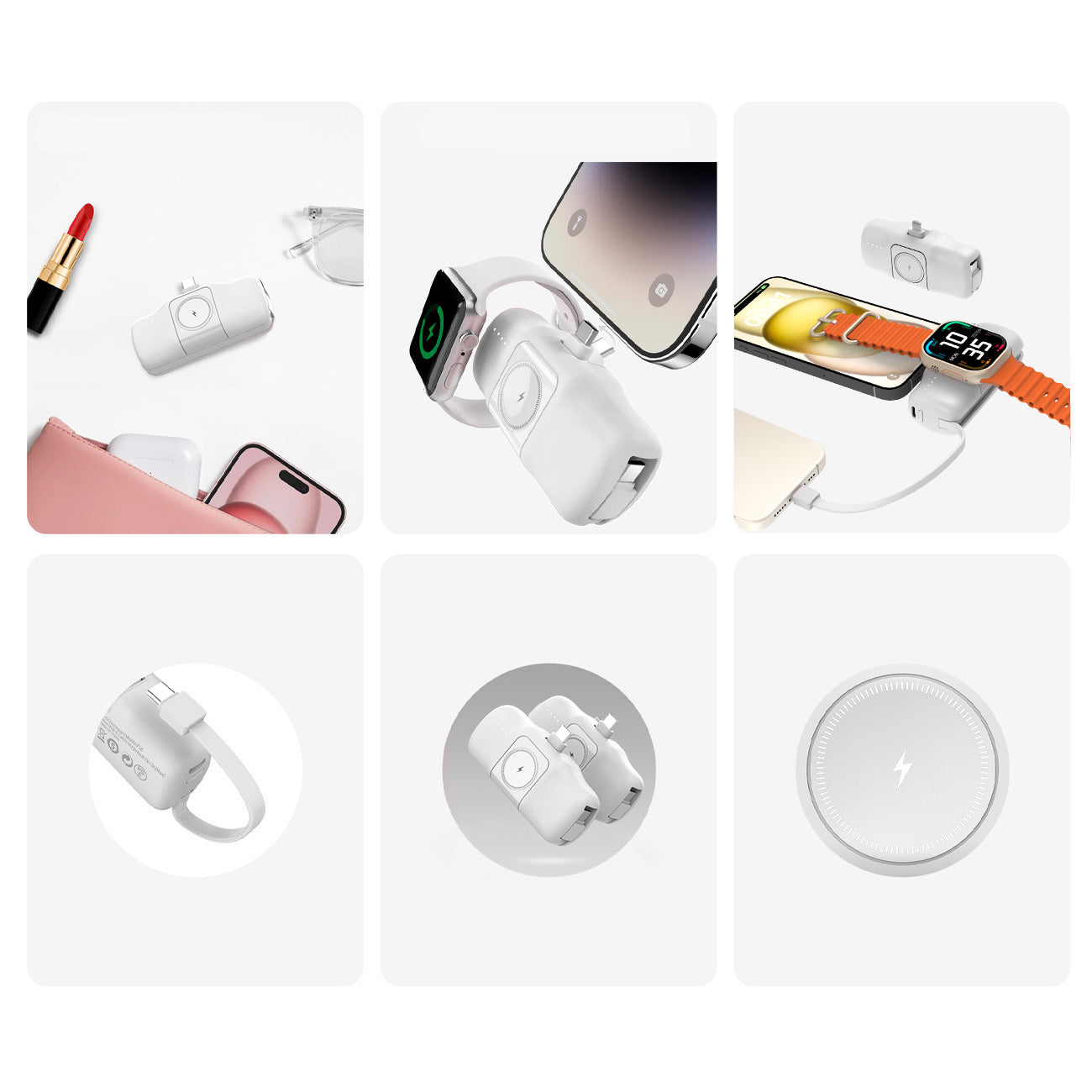 Wozinsky WF16-YCS 5000mAh 15W USB-C Mini Išorinė baterija su integruotu USB-C laidu ir Apple Watch įkrovikliu - baltas