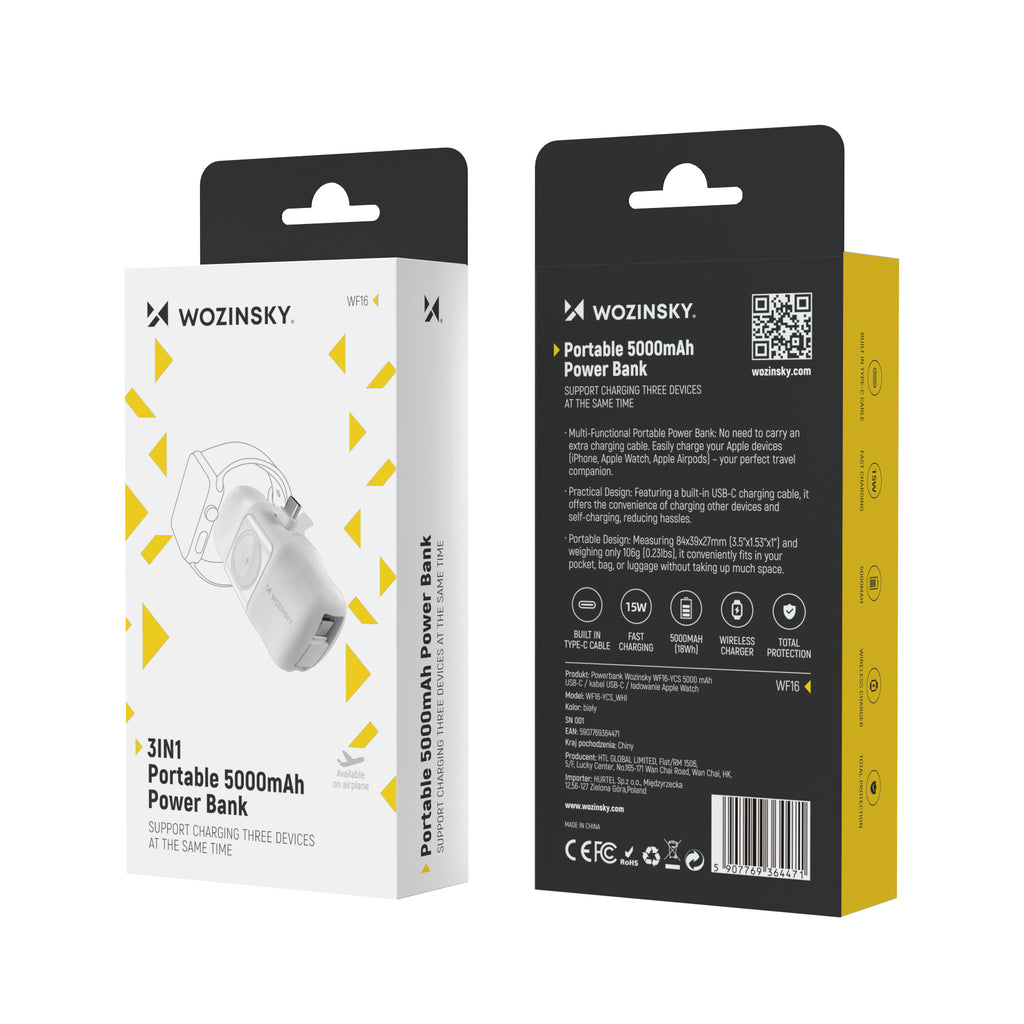 Wozinsky WF16-YCS 5000mAh 15W USB-C Mini Išorinė baterija su integruotu USB-C laidu ir Apple Watch įkrovikliu - baltas