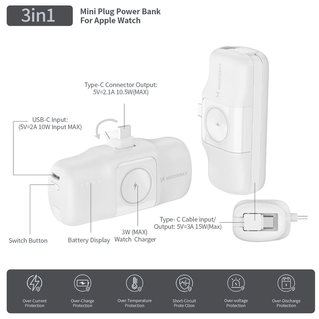 Wozinsky WF16-YCS 5000mAh 15W USB-C Mini Išorinė baterija su integruotu USB-C laidu ir Apple Watch įkrovikliu - baltas