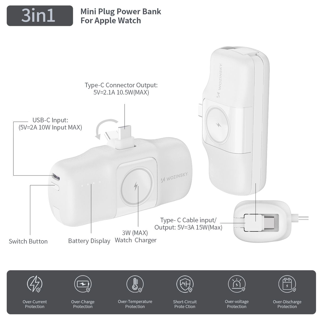 Wozinsky WF16-YCS 5000mAh 15W USB-C Mini Išorinė baterija su integruotu USB-C laidu ir Apple Watch įkrovikliu - baltas