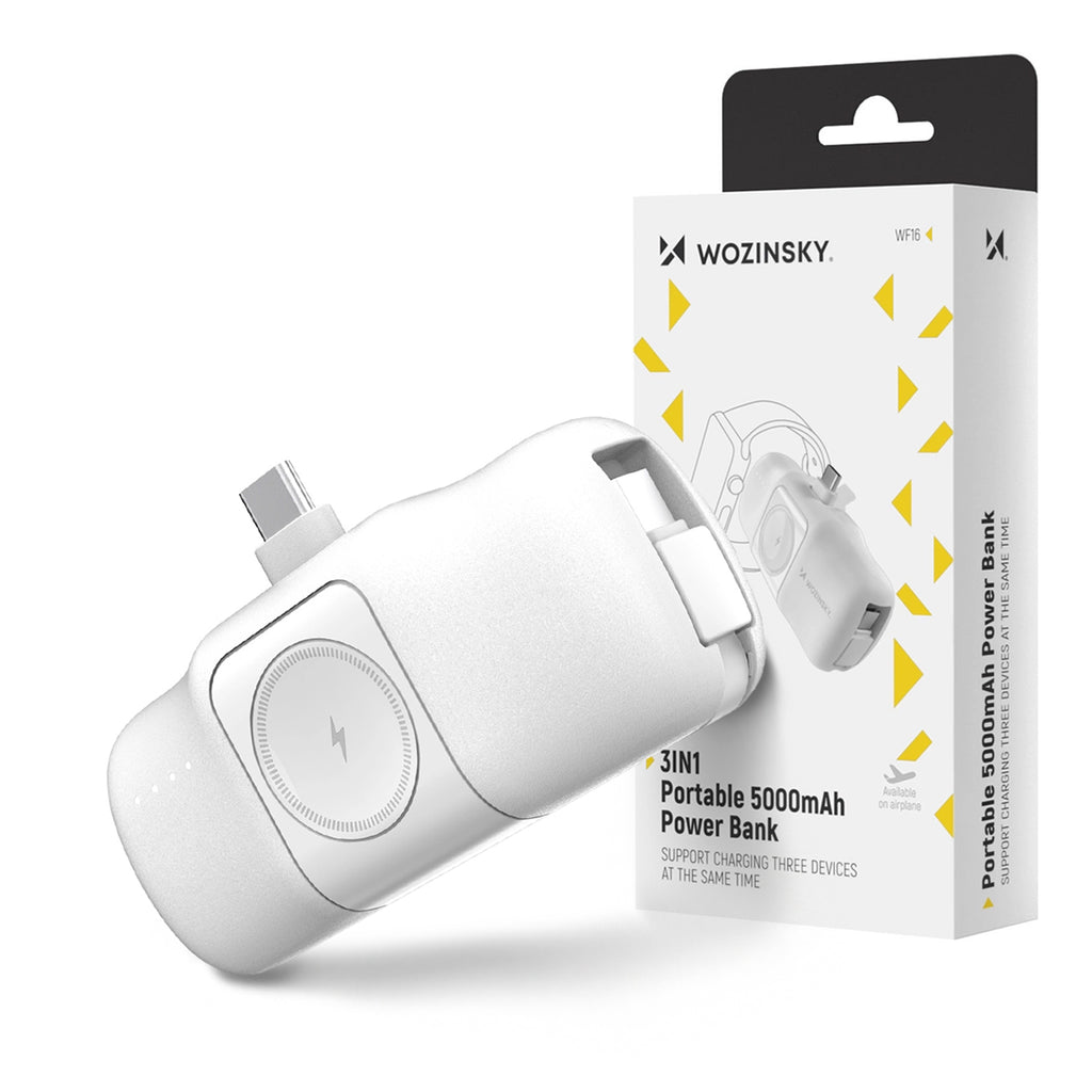 Wozinsky WF16-YCS 5000mAh 15W USB-C Mini Išorinė baterija su integruotu USB-C laidu ir Apple Watch įkrovikliu - baltas