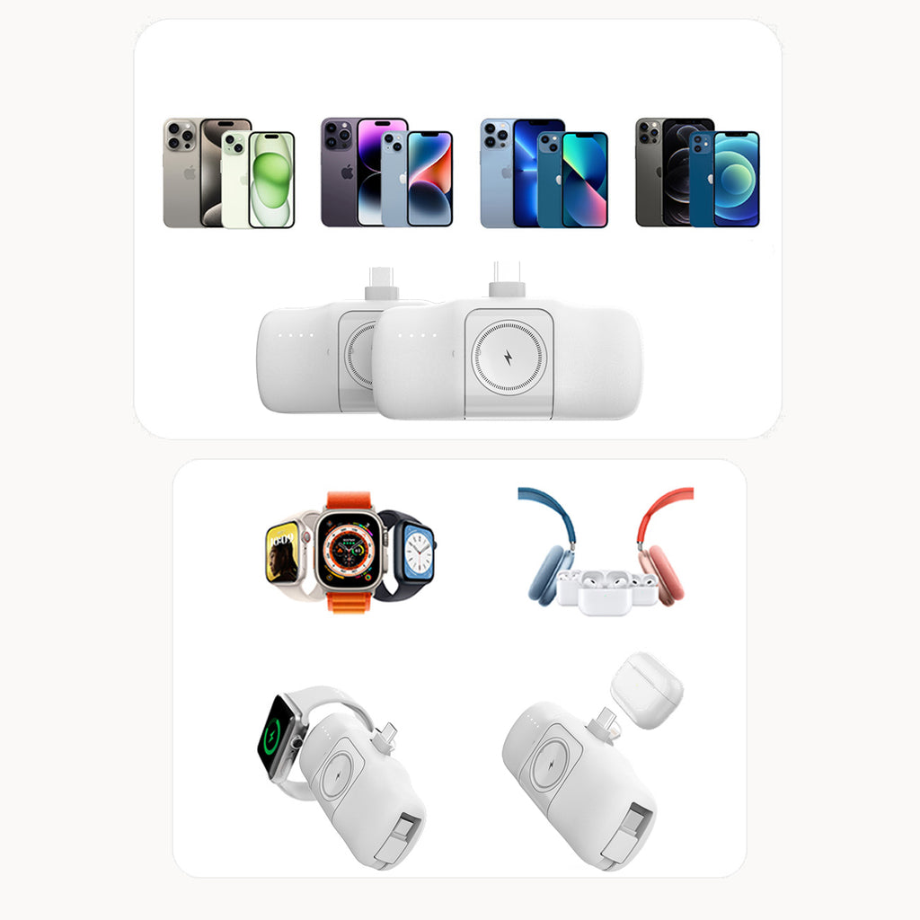 Wozinsky WF16-YCS 5000mAh 15W USB-C Mini Išorinė baterija su integruotu USB-C laidu ir Apple Watch įkrovikliu - baltas