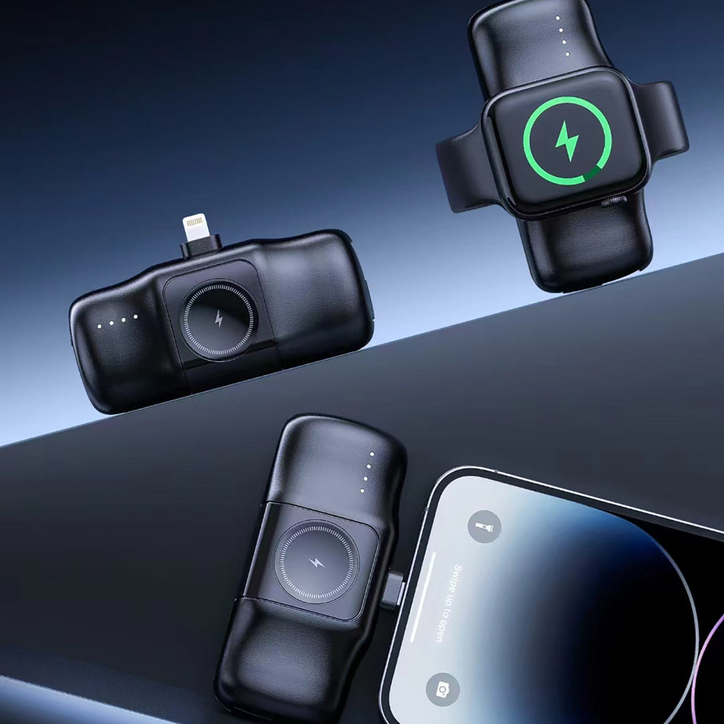Wozinsky WF16-YLS 5000mAh 15W Lightning Mini Išorinė baterija su integruotu USB-C laidu ir Apple Watch įkrovikliu - juodas