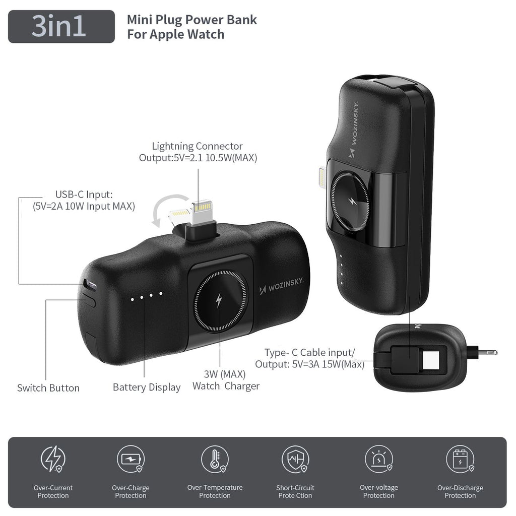 Wozinsky WF16-YLS 5000mAh 15W Lightning Mini Išorinė baterija su integruotu USB-C laidu ir Apple Watch įkrovikliu - juodas