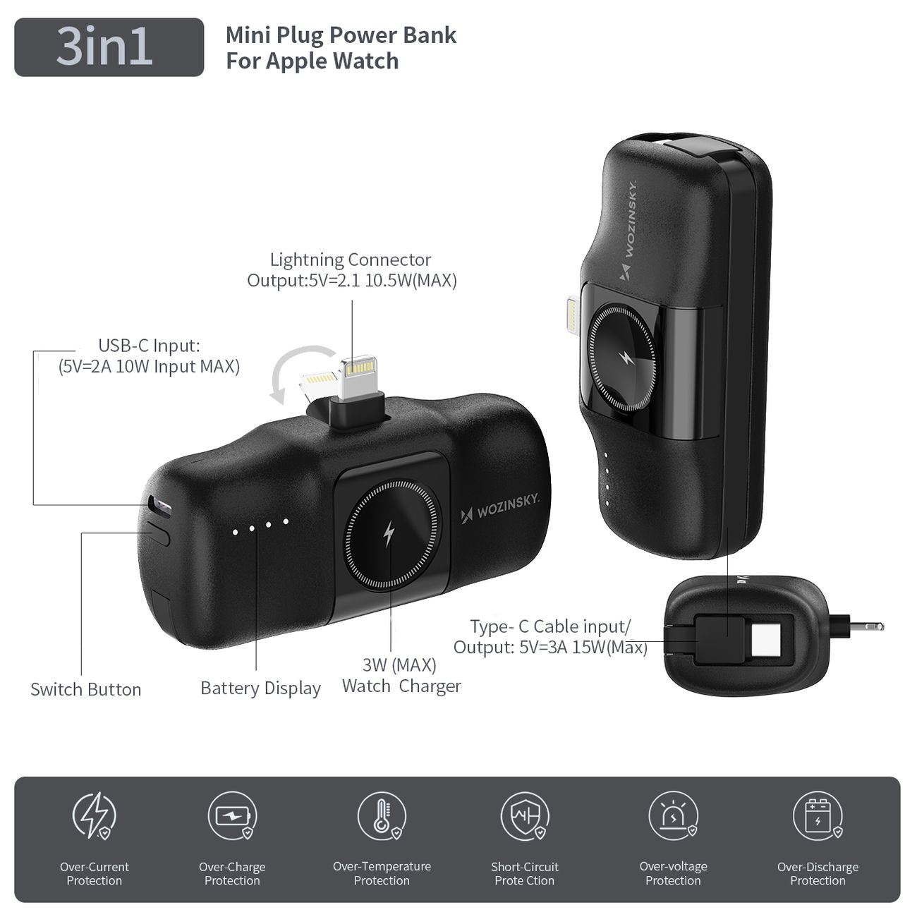 Wozinsky WF16-YLS 5000mAh 15W Lightning Mini Išorinė baterija su integruotu USB-C laidu ir Apple Watch įkrovikliu - juodas